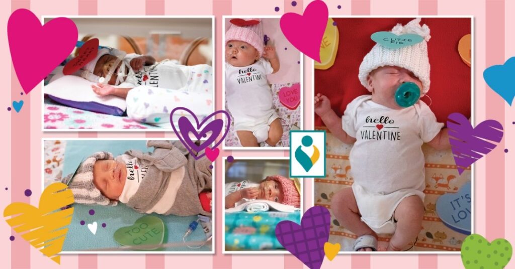 Babies in the NICU with Valentines Day onesies on.