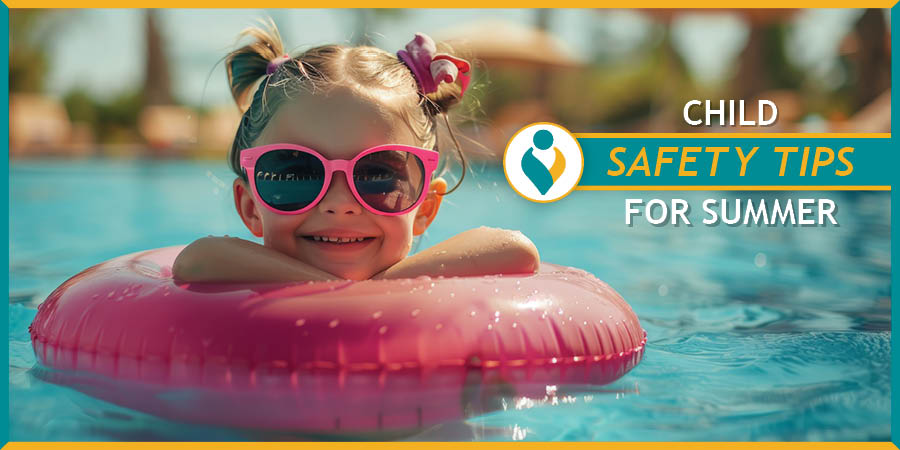 Little girl with sunglasses and inflatable pool ring floating in water