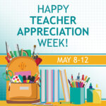 A backpack full of school supplies, books, glue, pens and pencils on graphic for happy teacher appreciation week.